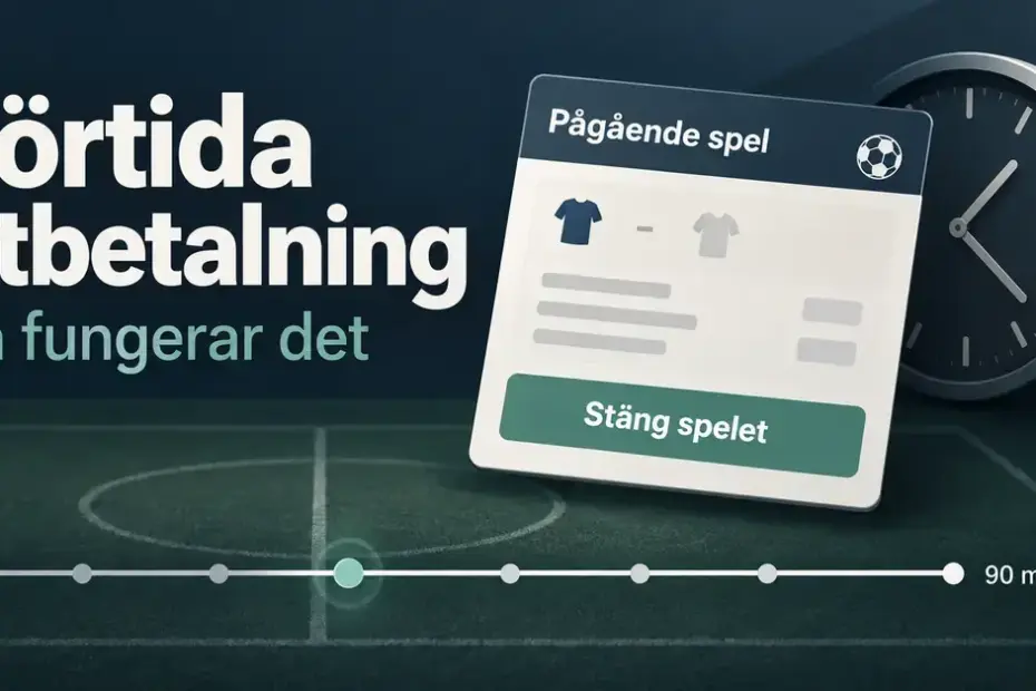 Illustration av förtida utbetalning med en spelkupong, knappen ”Stäng spelet”, en klocka och en tidslinje för en fotbollsmatch.