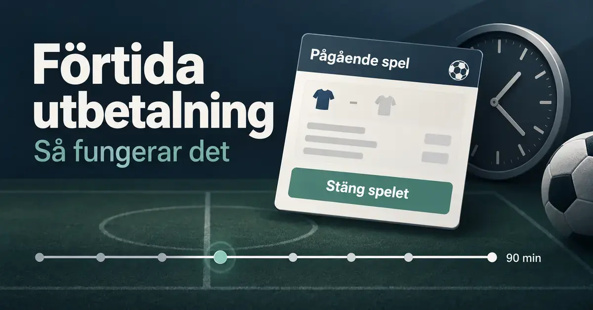 Illustration av förtida utbetalning med en spelkupong, knappen ”Stäng spelet”, en klocka och en tidslinje för en fotbollsmatch.