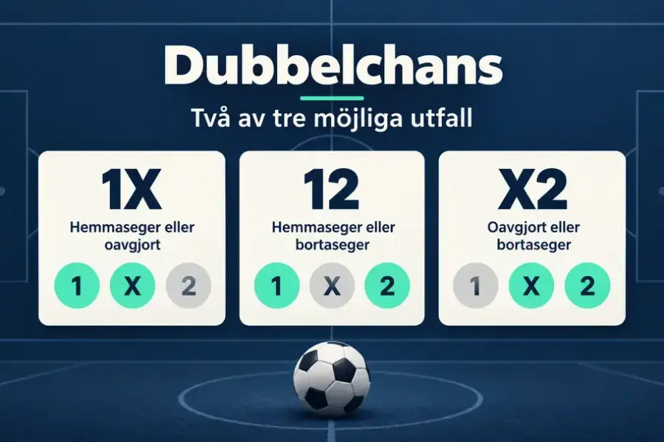 Grafik som visar dubbelchans i fotboll: 1X täcker hemmaseger eller oavgjort, 12 hemmaseger eller bortaseger och X2 oavgjort eller bortaseger.