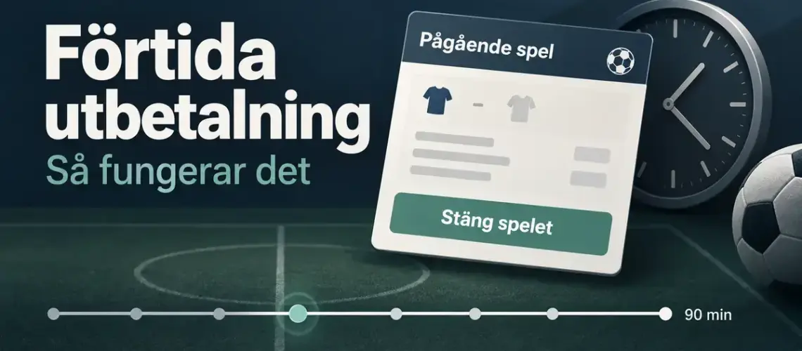 Illustration av förtida utbetalning med en spelkupong, knappen ”Stäng spelet”, en klocka och en tidslinje för en fotbollsmatch.