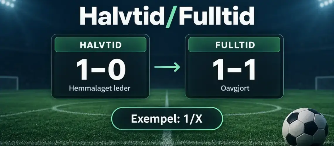 Grafik som visar Halvtid/Fulltid med exemplet 1/X, där hemmalaget leder med 1–0 i halvtid och matchen slutar oavgjort 1–1.