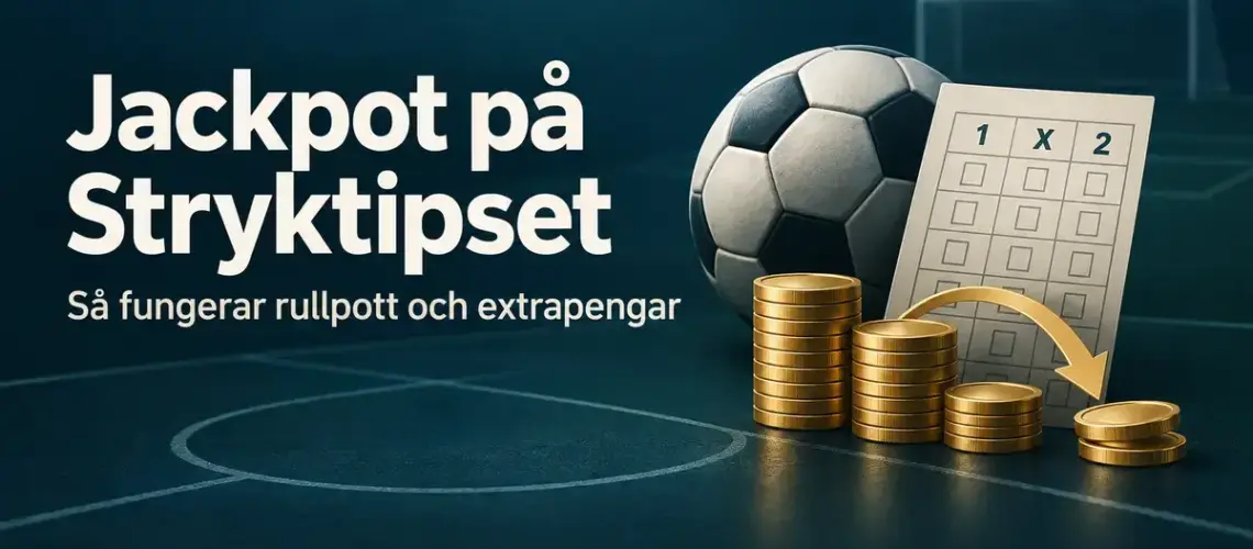 Illustration med fotboll, tipskupong och myntstaplar med en pil som symboliserar rullpott, samt texten ”Jackpot på Stryktipset – Så fungerar rullpott och extrapengar”.