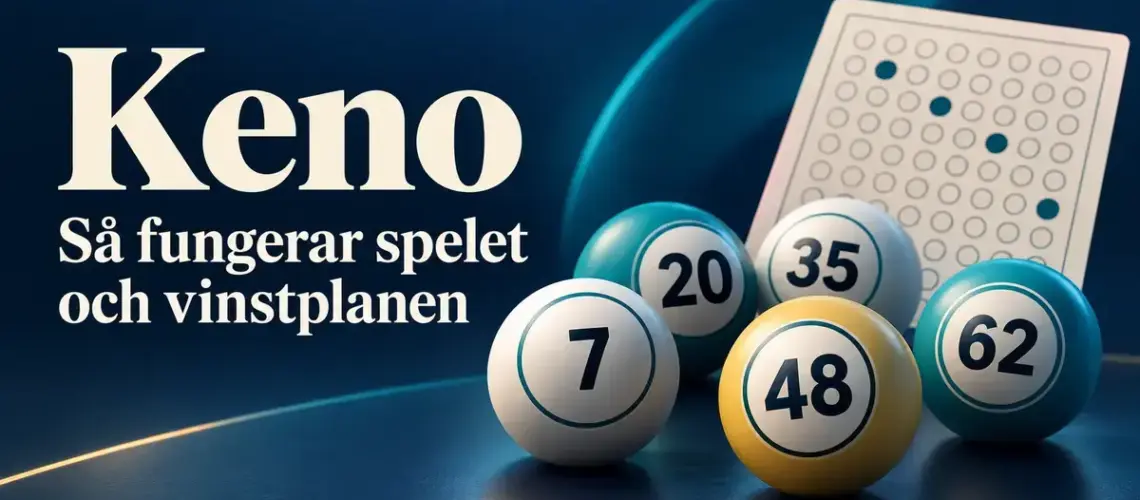Numrerade Kenobollar och en spelkupong mot mörkblå bakgrund med texten ”Keno – Så fungerar spelet och vinstplanen”.
