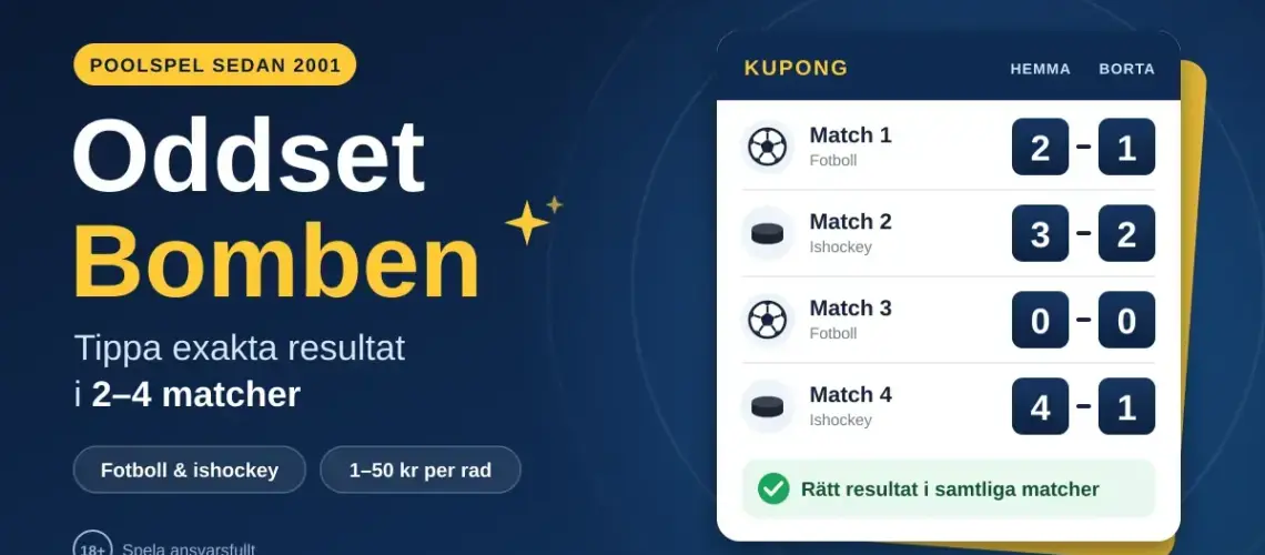 Grafik för Oddset Bomben med texten ”Tippa exakta resultat i 2–4 matcher” och en kupong som visar exakta resultat för fyra matcher i fotboll och ishockey.