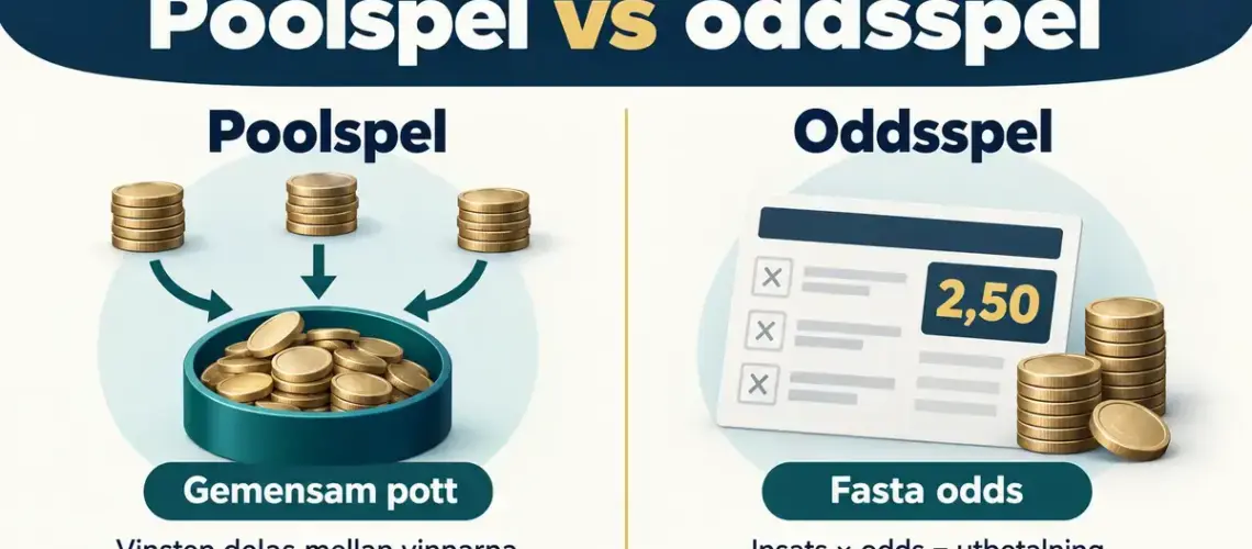 Jämförelse mellan poolspel, där insatser samlas i en gemensam pott som delas mellan vinnarna, och oddsspel, där utbetalningen beräknas som insats gånger fasta odds.