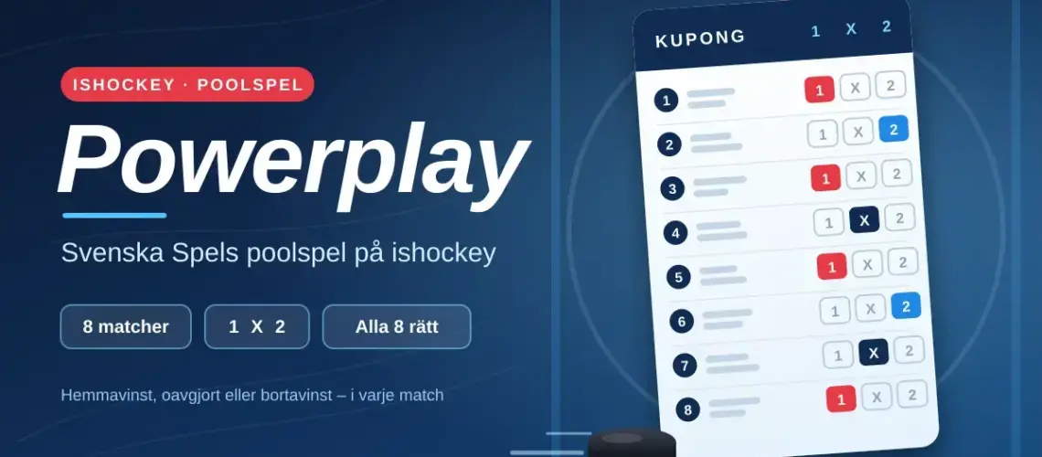 Grafisk illustration för Powerplay, Svenska Spels poolspel på ishockey, med en spelkupong där åtta matcher tippas med 1, X eller 2 och en hockeypuck mot en blå isrinkbakgrund.