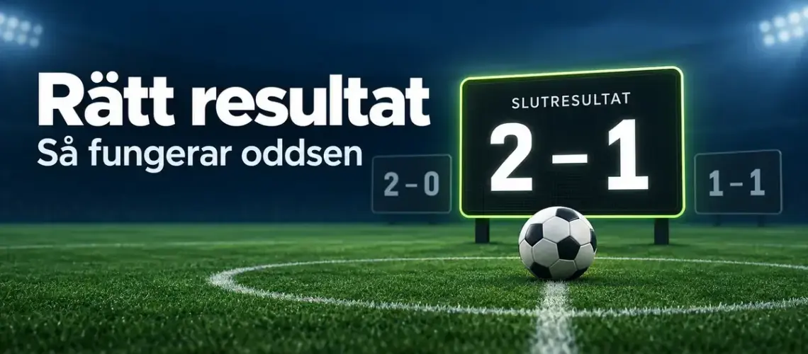 Grafik med texten ”Rätt resultat – Så fungerar oddsen”, en fotboll och en resultattavla som visar 2–1, med 2–0 och 1–1 som alternativa slutresultat.
