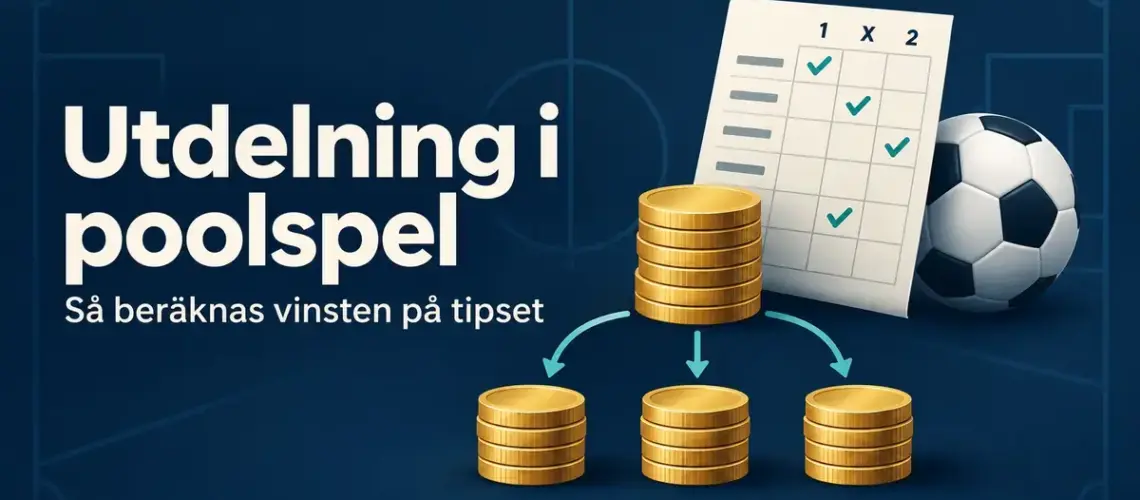 Illustration av en tipskupong, en fotboll och en gemensam vinstpott som fördelas i tre delar, med texten ”Utdelning i poolspel – Så beräknas vinsten på tipset”.