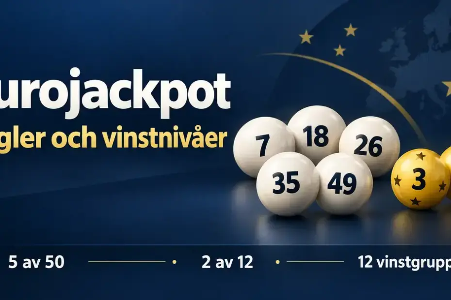 Illustration av Eurojackpots regler och vinstnivåer med fem vita nummerbollar, två gula stjärnnummerbollar och texten 5 av 50, 2 av 12 och 12 vinstgrupper.