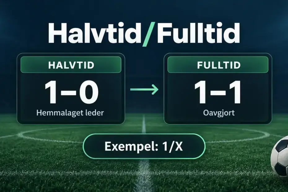 Grafik som visar Halvtid/Fulltid med exemplet 1/X, där hemmalaget leder med 1–0 i halvtid och matchen slutar oavgjort 1–1.