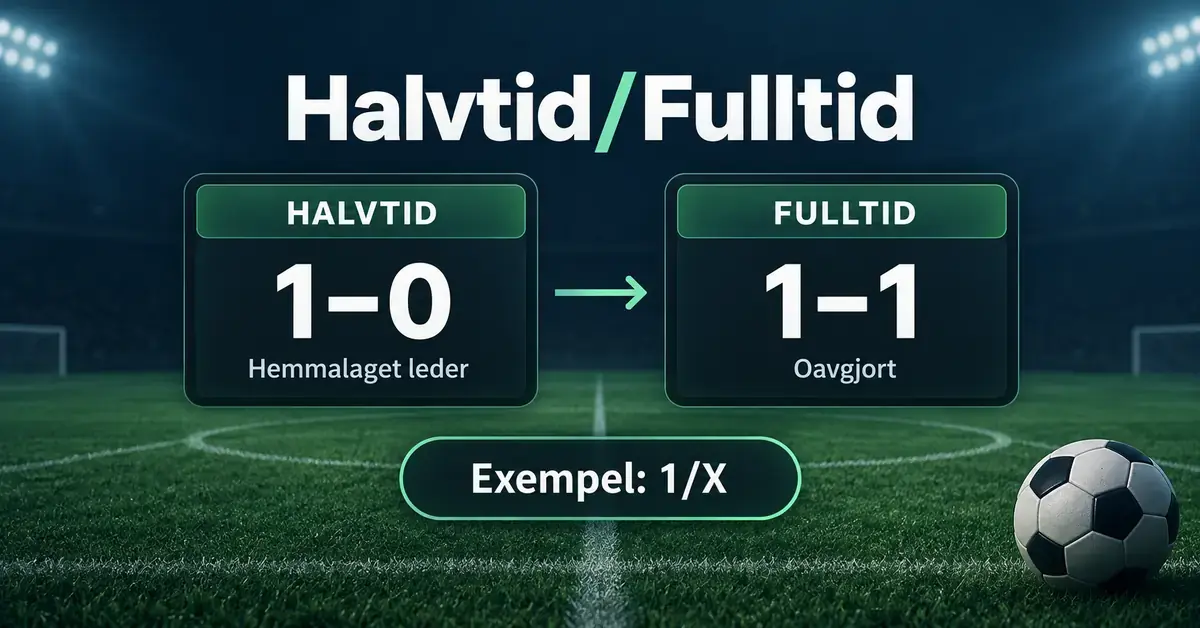 Grafik som visar Halvtid/Fulltid med exemplet 1/X, där hemmalaget leder med 1–0 i halvtid och matchen slutar oavgjort 1–1.