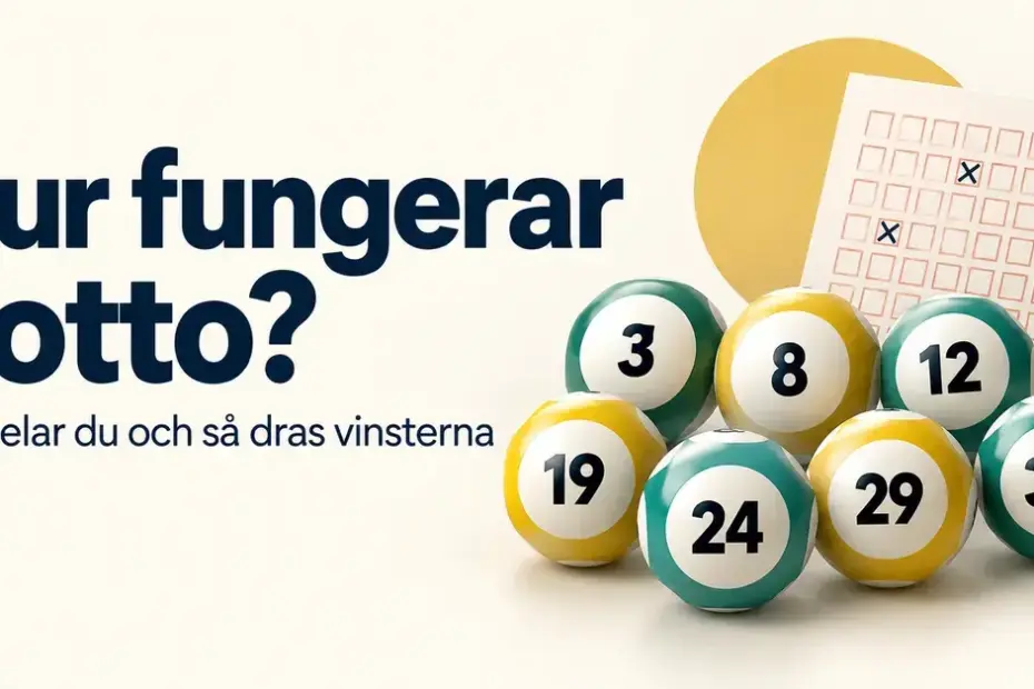 Sju numrerade lottobollar och en stiliserad spelkupong intill texten ”Hur fungerar Lotto? Så spelar du och så dras vinsterna”.