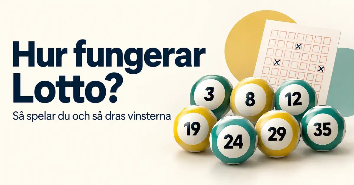 Sju numrerade lottobollar och en stiliserad spelkupong intill texten ”Hur fungerar Lotto? Så spelar du och så dras vinsterna”.