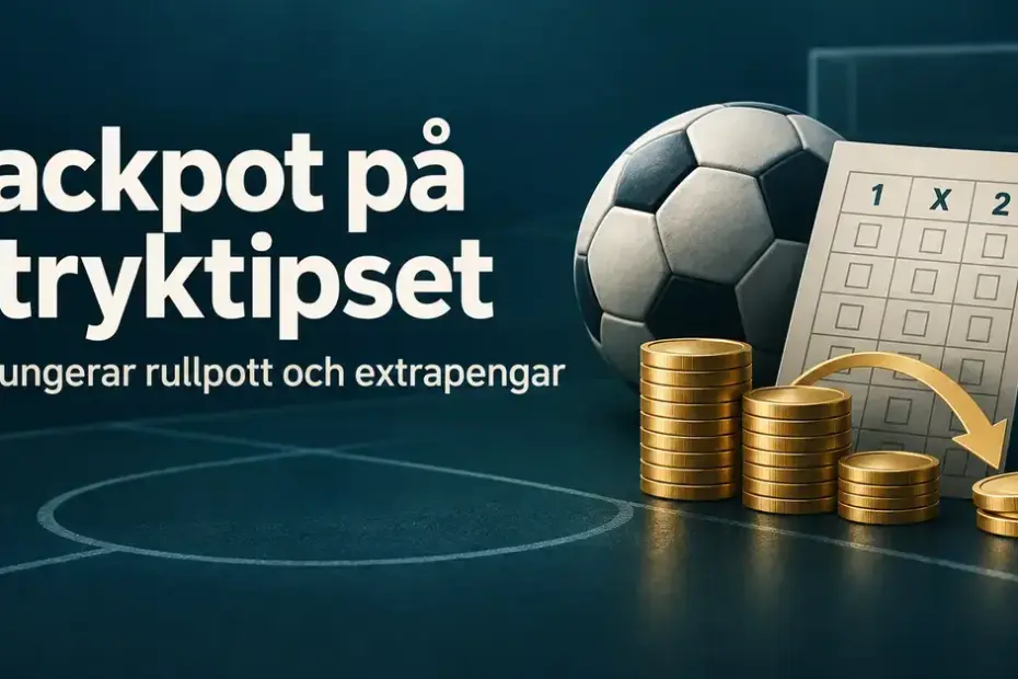 Illustration med fotboll, tipskupong och myntstaplar med en pil som symboliserar rullpott, samt texten ”Jackpot på Stryktipset – Så fungerar rullpott och extrapengar”.