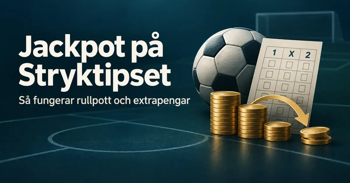 Illustration med fotboll, tipskupong och myntstaplar med en pil som symboliserar rullpott, samt texten ”Jackpot på Stryktipset – Så fungerar rullpott och extrapengar”.