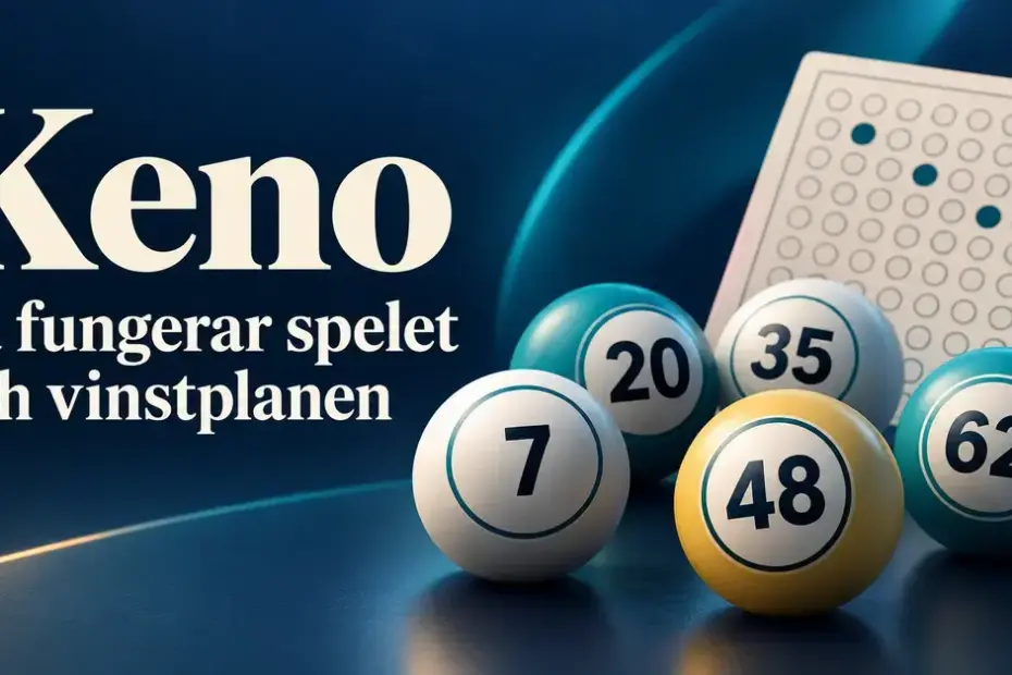 Numrerade Kenobollar och en spelkupong mot mörkblå bakgrund med texten ”Keno – Så fungerar spelet och vinstplanen”.