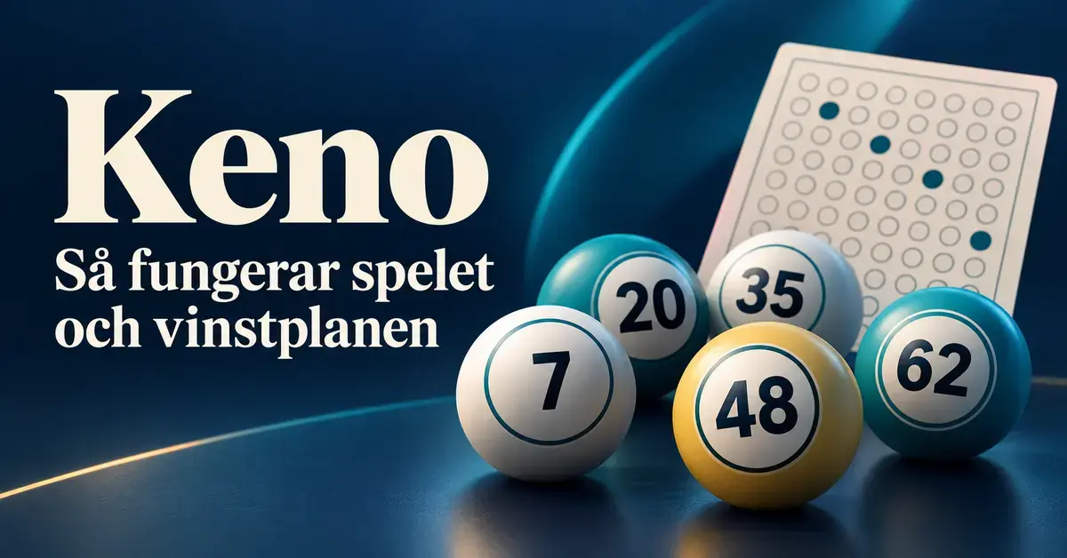 Numrerade Kenobollar och en spelkupong mot mörkblå bakgrund med texten ”Keno – Så fungerar spelet och vinstplanen”.