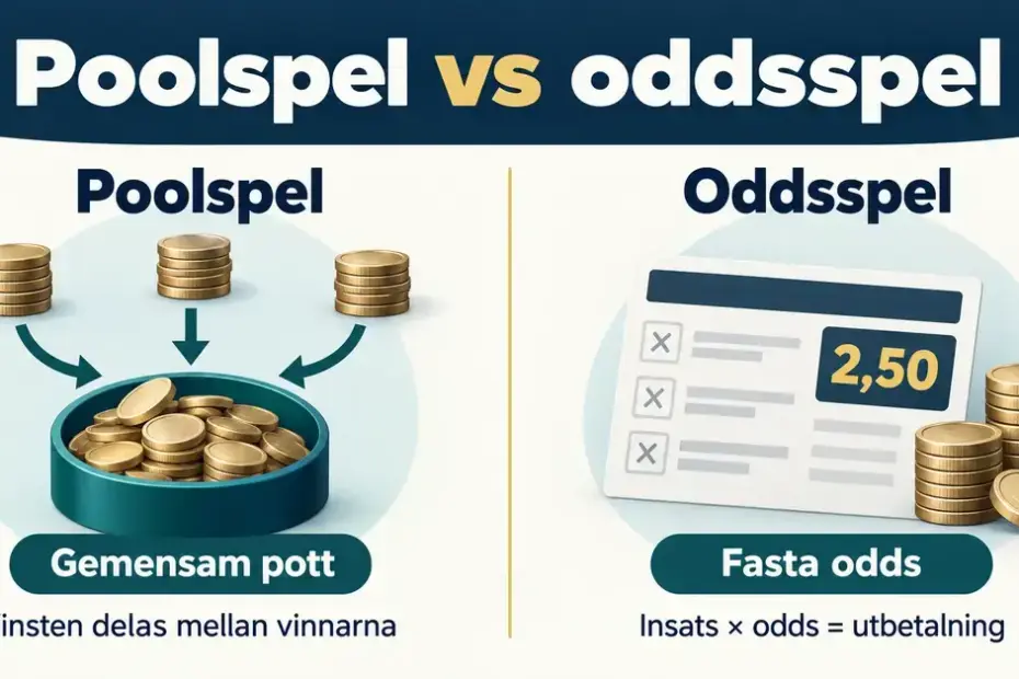 Jämförelse mellan poolspel, där insatser samlas i en gemensam pott som delas mellan vinnarna, och oddsspel, där utbetalningen beräknas som insats gånger fasta odds.