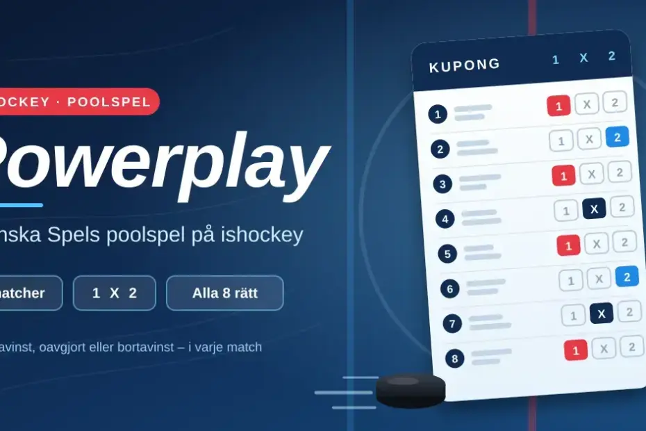 Grafisk illustration för Powerplay, Svenska Spels poolspel på ishockey, med en spelkupong där åtta matcher tippas med 1, X eller 2 och en hockeypuck mot en blå isrinkbakgrund.
