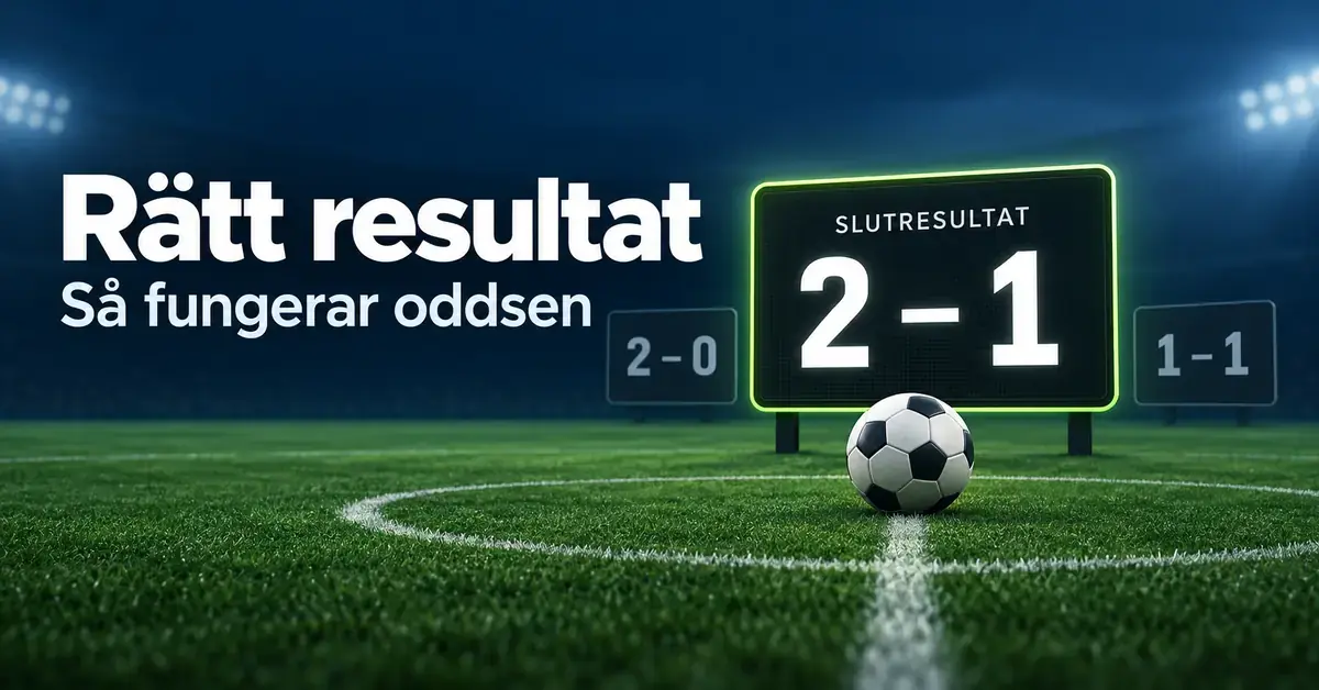 Grafik med texten ”Rätt resultat – Så fungerar oddsen”, en fotboll och en resultattavla som visar 2–1, med 2–0 och 1–1 som alternativa slutresultat.