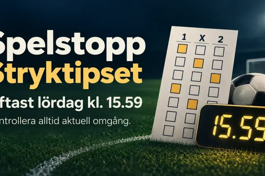 Grafik med en tipskupong, en fotboll och en klocka som visar 15.59 samt information om att spelstopp för Stryktipset oftast är lördag kl. 15.59 och att aktuell omgång alltid ska kontrolleras.