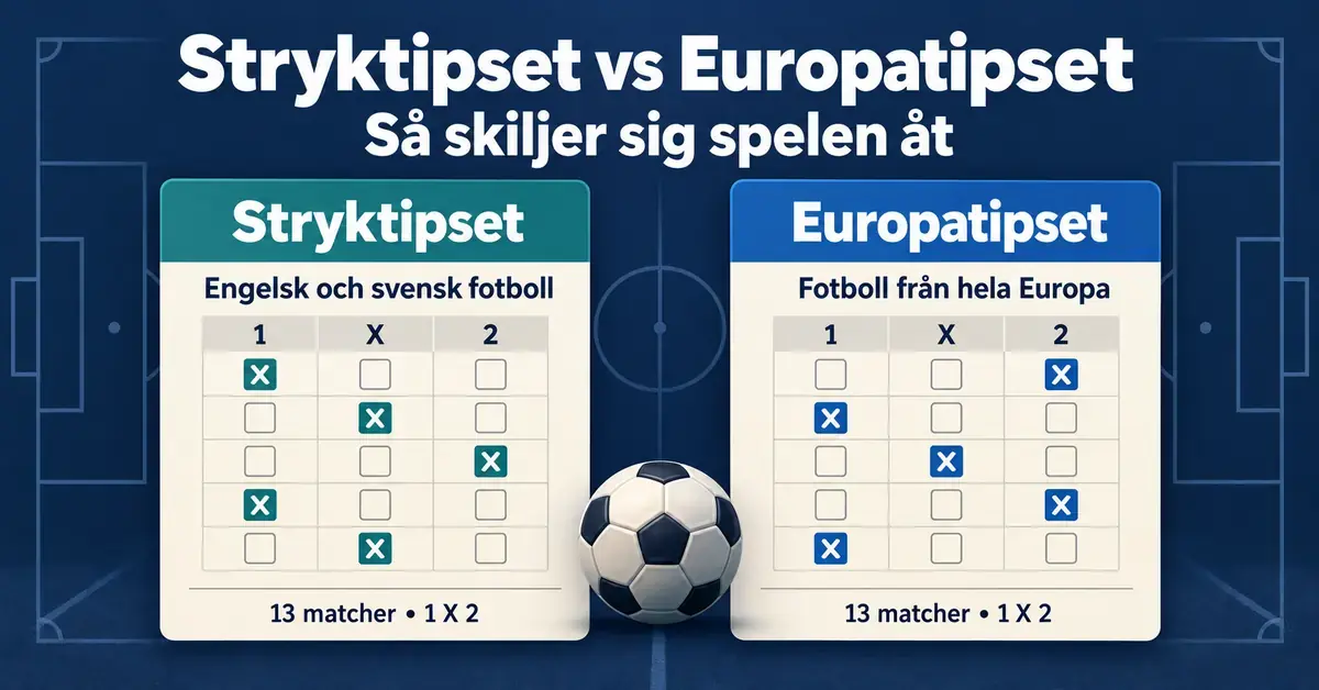 Illustration av Stryktipset och Europatipset med två tipskuponger, tecknen 1, X och 2 samt en fotboll mot en mörkblå fotbollsplan.