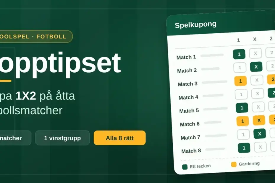 Grön illustration med rubriken Topptipset och texten ”Tippa 1X2 på åtta fotbollsmatcher” bredvid en spelkupong med åtta matcher, där tecknen 1, X och 2 är markerade som enkeltecken och garderingar, samt en fotboll.