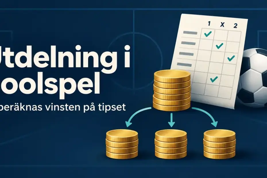 Illustration av en tipskupong, en fotboll och en gemensam vinstpott som fördelas i tre delar, med texten ”Utdelning i poolspel – Så beräknas vinsten på tipset”.