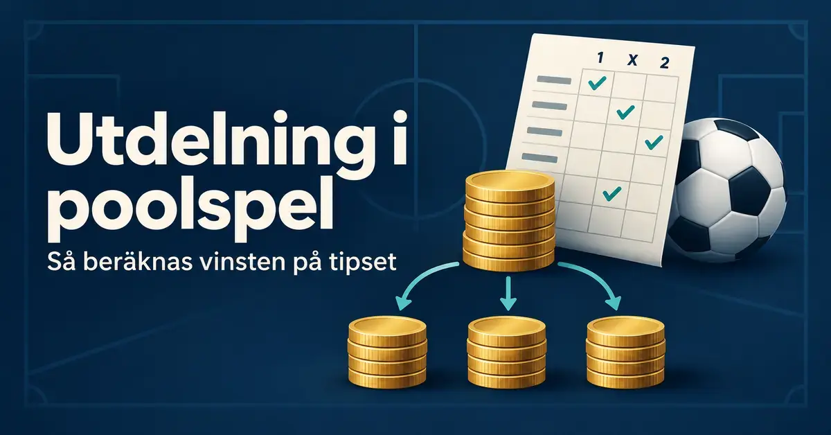 Illustration av en tipskupong, en fotboll och en gemensam vinstpott som fördelas i tre delar, med texten ”Utdelning i poolspel – Så beräknas vinsten på tipset”.