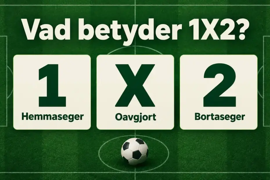 Grafik som förklarar 1X2 i fotboll: 1 betyder hemmaseger, X betyder oavgjort och 2 betyder bortaseger.