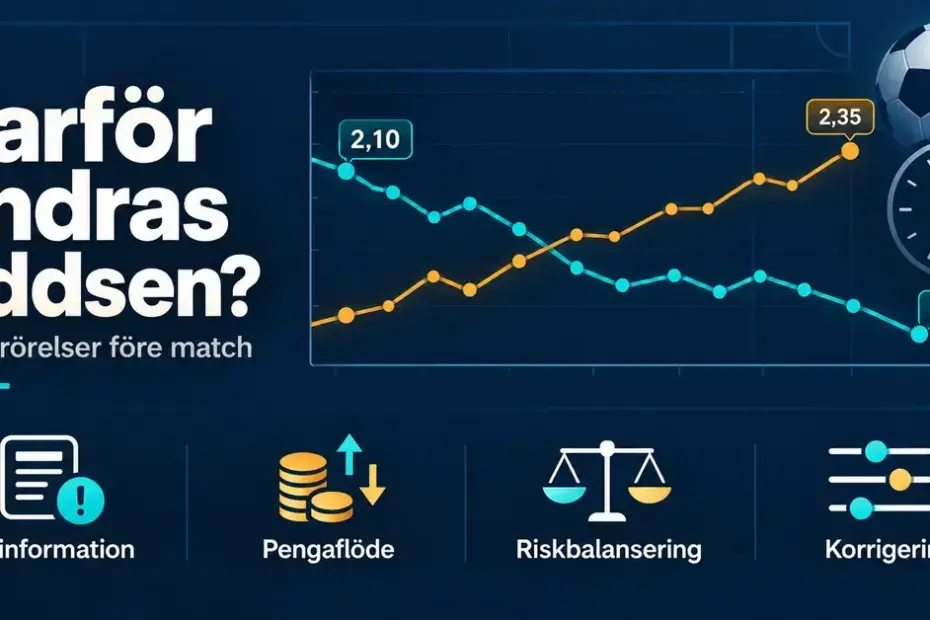 Grafik med stigande och sjunkande odds före en fotbollsmatch samt symboler för ny information, pengaflöde, riskbalansering och korrigering av odds.